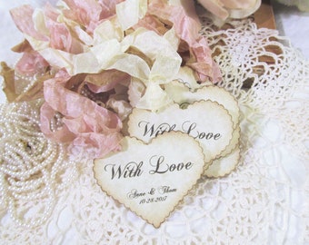 Wedding Favor Heart Tags w/ribbons - Thank you Gift Tags - Scallop Parchment Hearts - Personalized Customized - Shabby Rustic Vintage Style