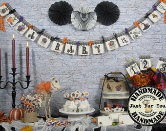 A Baby is Brewing Halloween Banner Baby Shower Decorations - Sign Cupcake Toppers Favor Tags Peek a Boo Pumpkin Twins Party Straws