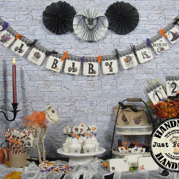 Decoraciones para baby shower "Se está gestando un bebé", pancarta de Halloween, adornos para cupcakes, etiquetas para recuerdos, pajitas para fiestas, letreros para sillas.
