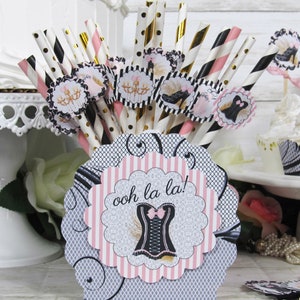 Ooh La La Pink Black Corset Shoes Bridal Shower Decorations Banner Garland Bunting Sign Cupcake Toppers Favor Bags & Tags Floral Picks image 3