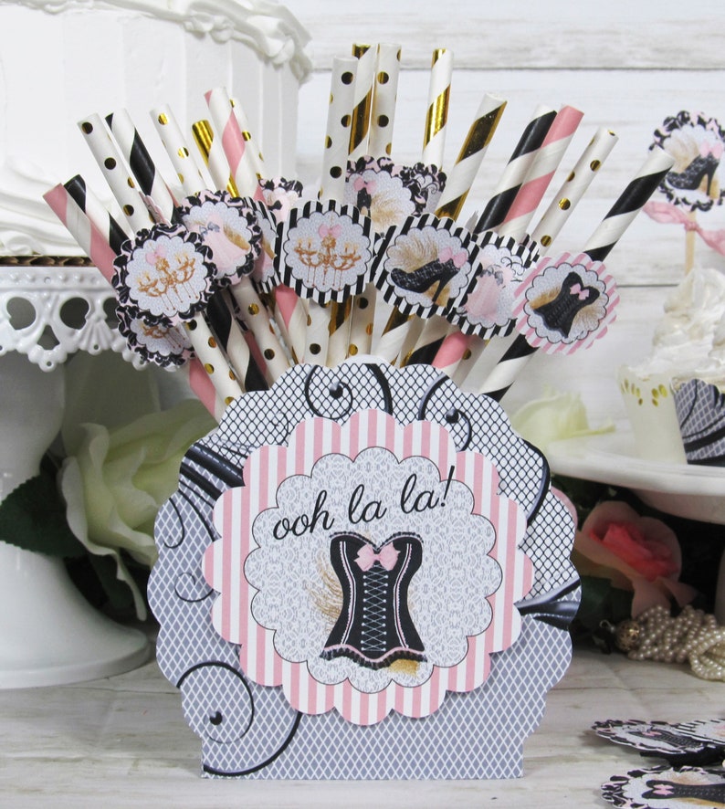 Ooh La La Pink Black Corset Shoes Bridal Shower Decorations Banner Garland Bunting Sign Cupcake Toppers Favor Bags & Tags Floral Picks image 3