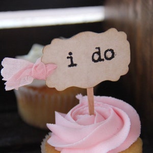 i do Wedding Cupcake Toppers Party Picks - Parchment - Set of 12  18  36  50  100 - Choose Ribbons - Vintage Rustic Shabby Style Wedding