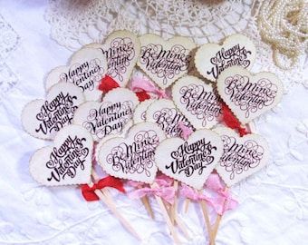 Valentine Cupcake Toppers Heart Party Picks or Favor Tags - Be Mine Valentine  - Happy Valentine's Day Vintage Style