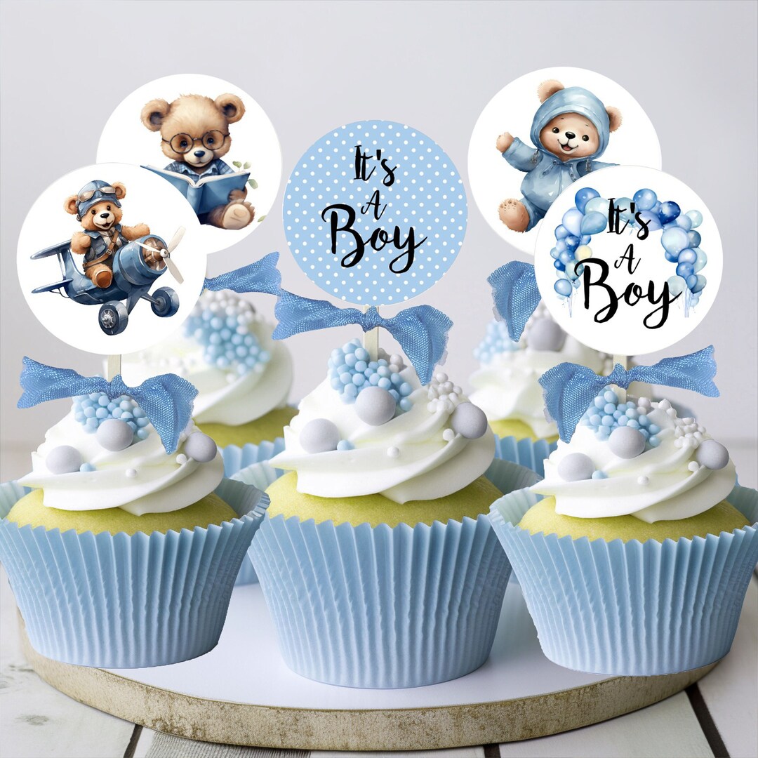 It's a Boy Blue Balloons Teddy Bear Baby Shower Cupcake Toppers Picks ...