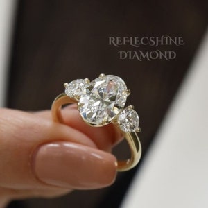 3 carat F/VS1 Oval Cut Three Stone Lab Grown Diamond Engagement Ring 14k Yellow Gold Ring, Side Round Cut Diamonds, Unique Customized Design