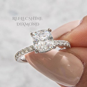 1.25 Carat D Color VVS2 Clarity Cushion Cut Solitaire Hidden Halo Solitaire Diamond Engagement Ring, Side Round Side Diamonds 14k White Gold