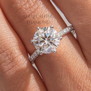 Round Cut 2.25 carat E Color VS1 Clarity IGI Certified Lab Grown Diamond Hidden Halo 6 prongs Engagement Ring, Side Round Diamonds 14k Gold