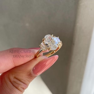 Custom Design 3.80 Carat F/VS1 IGI CERTIFIED Oval Cut Lab Created Diamond Engagement Ring, Side Half Moon Diamonds 14k Gold