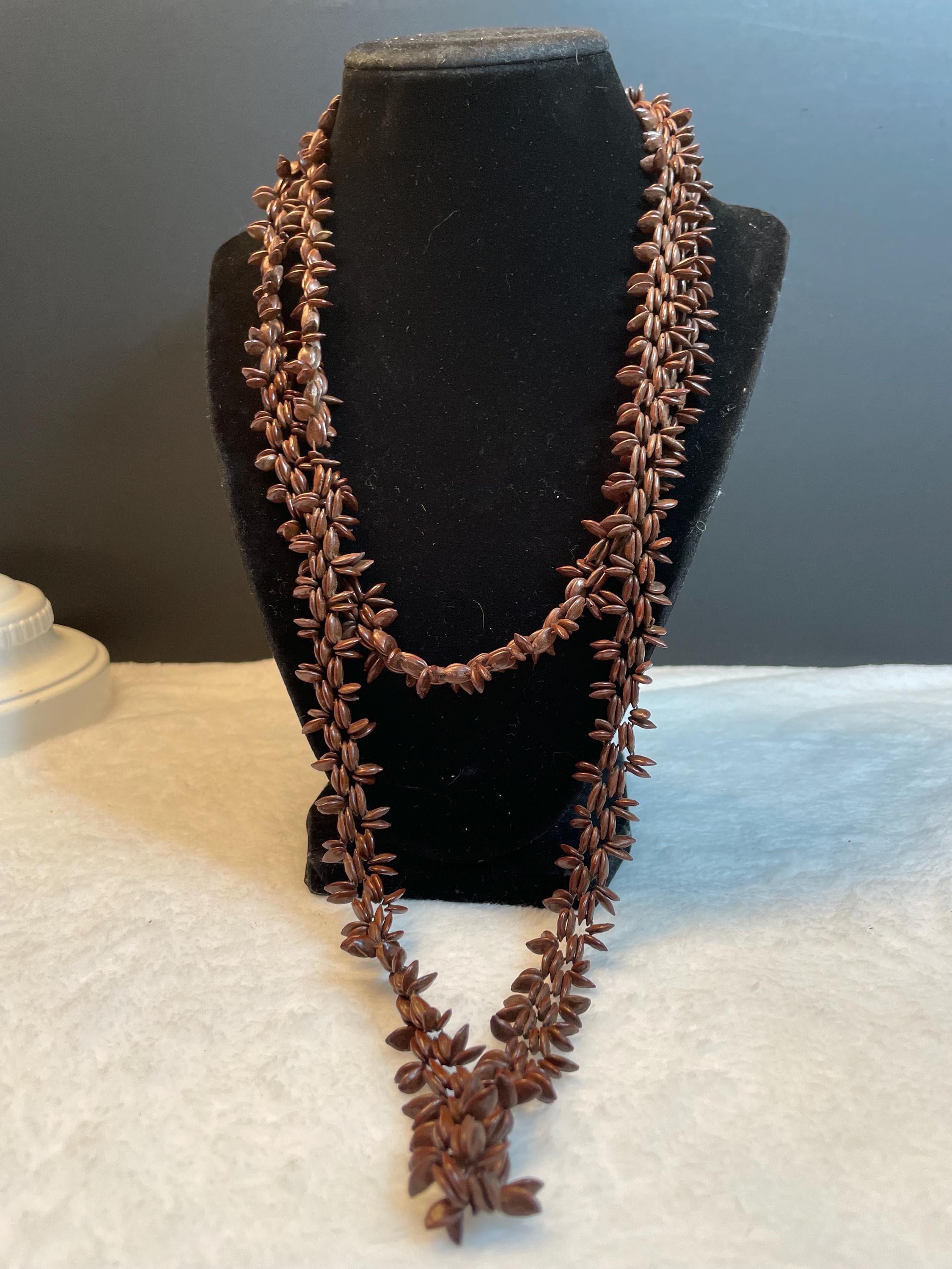 Koa Vintage Glazed Brown Apple Seed Hawaiian Necklace Lei 52inches