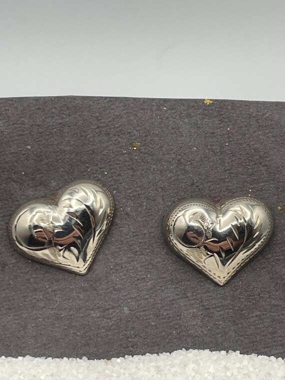 Silver Heart Puff Engraved Stud Post Pierced Earr… - image 4
