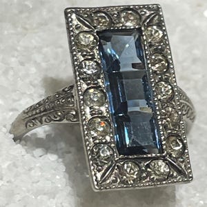 Sterling Rhinestone and Sapphire Blue Art Deco Cocktail Ring sz 5.25