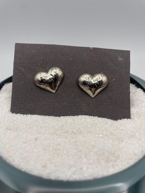 Silver Heart Puff Engraved Stud Post Pierced Earr… - image 1