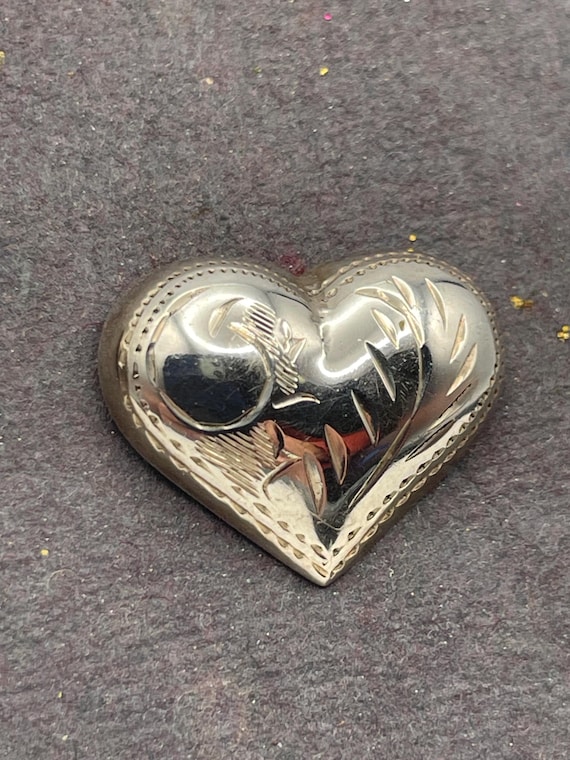 Silver Heart Puff Engraved Stud Post Pierced Earr… - image 2
