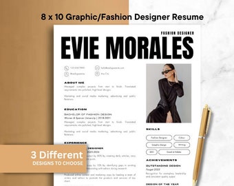 Può includere: Un modello di curriculum vitae in bianco e nero per una stilista di moda di nome Evie Morales. Il curriculum include sezioni per "Informazioni su di me", "Istruzione", "Esperienza", "Competenze", "Realizzazioni" e "Creatività della moda".