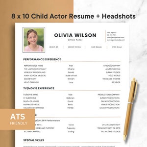 Plantilla de currículum de actor infantil en Canva con foto Ats Friendly Child Model Actor y actriz CV Foto de rostro Carta de presentación y plantilla de página de referencia