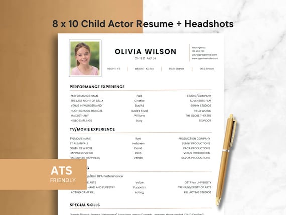 Child actor canva resume template with photo Ats Friendly child model actor and actress cv headshot cover letter and reference page template
