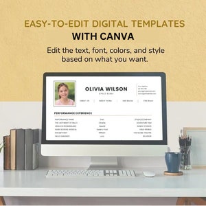 Pu&ograve; includere: Un monitor di computer mostra un modello di curriculum con il nome "Olivia Wilson". Lo schermo mostra il testo "EASY-TO-EDIT DIGITAL TEMPLATES WITH CANVA". Altri oggetti sulla scrivania includono libri, una piccola pianta, una tazza e una cornice.