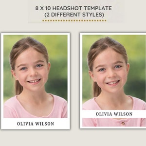 Pu&ograve; includere: Un modello di fototessera 8 x 10 con due stili diversi. L'immagine mostra due esempi di fototessere di una ragazza con una camicia rosa. Il testo "OLIVIA WILSON" si trova nella parte inferiore della fototessera.