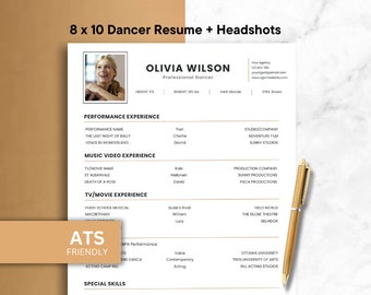 Può includere: Un modello di curriculum vitae di ballerina con un colpo alla testa, con il nome di Olivia Wilson. Il documento include sezioni per esperienza di performance, video musicali e TV/film, insieme a competenze speciali. Una penna d'oro è appoggiata sul lato destro del curriculum.
