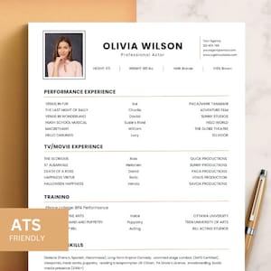 Plantilla de currículum de Canva para actores y actrices de ATS Currículum para actores Currículum de actuación teatral Currículum de teatro Plantilla de CV para actores principiantes ATS compatible