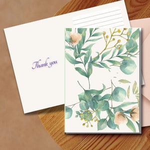 Tarjeta de flores minimalista / Thank you / Hojas verdes / Tarjeta agredecimiento