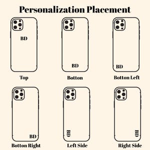 Peut inclure: Illustration de six coques de t&eacute;l&eacute;phone avec les initiales "BD" &agrave; diff&eacute;rents endroits. Le texte "Personalisation Placement" est en haut. Les coques sont &eacute;tiquet&eacute;es "Top", "Botton", "Botton Left", "Botton Right", "Left Side" et "Right Side".