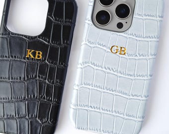Funda de piel de cocodrilo con iniciales personalizadas para iPhone, funda personalizada con nombre, regalo para ella, iPhone 17 Pro Max, 16, 15, 14, 13, 12
