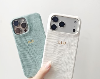 Personligt läderskal till iPhone, minimalistiskt telefonskal för iPhone 17 16 15 Pro Max, texturerat initialskal