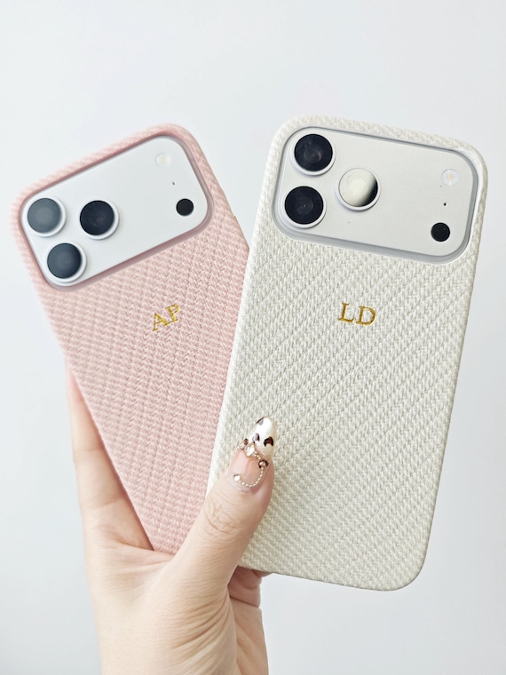 Personalized Linen Textured iPhone Case, Custom Monogram Initials, Minimalist Case for iPhone 17 16 15 Pro Max