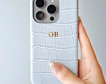 Custodia per telefono in pelle di coccodrillo con monogramma, custodia personalizzata per iPhone con iniziali, regalo di Natale, iPhone 17 Pro Max, 16, 15, 14, 13, 12