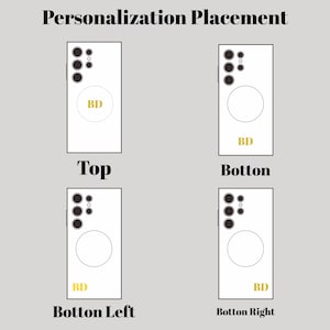 May include: Diagram showing personalisation placement options for a phone case. Four white phone case mockups are displayed, each with a camera array and a circular area. Each case features the initials "BD" in gold, suggesting a monogram. The text "Personalisation Placement" is at the top.