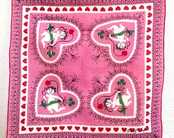 Vintage 1950's Tammis Keefe Linen Handkerchief - Valentine's Day, Cupids and Hearts - Pink, Red, Green, White