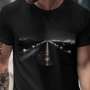 Runway Lights Airport Aesthetic T-Shirt Unisex Tee, Pilot Travel Tee, Night Scene Graphic Shirt, Distressed Urban Style Gift