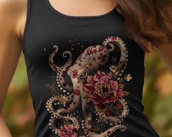 Floral Octopus Unisex Tank Top, Vintage Kraken Ocean Art Shirt, Boho Nautical Sea Creature Apparel, Unique Marine Life Gift for Him Her