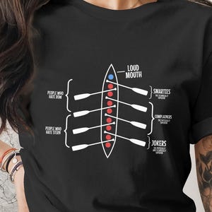May include: Black t-shirt featuring a white graphic of a rowboat with oars and text. The text includes "Loud Mouth," "Smarties," "Complainers," and "Jokers." The shirt also has the text "People Who Hate Bow" and "People Who Hate Stern."