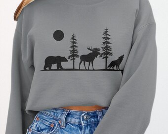 Bear Moose Wolf Unisex Sweatshirt Crewneck Sweater: Alaska Animals Wildlife Design