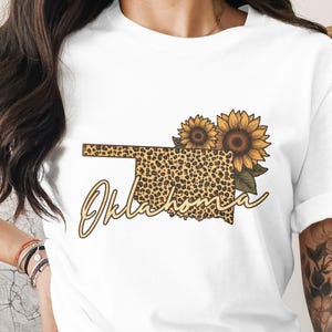 Oklahoma Leopard Print Sunflower Unisex Tee, Rustic State Pride Shirt, Distressed Script OK Gift, Southern Boho Fan T-Shirt