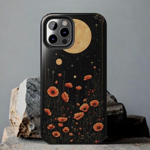 Custodia per telefono Papaveri Fiori di papavero Fiori selvatici Luna piena Celeste Botanico Artdeco Regalo Custodia per iPhone 13 14 15 16 Custodie per telefono resistenti