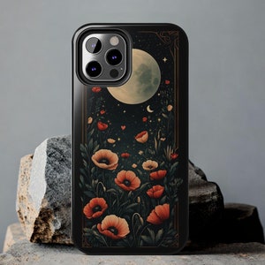 Custodia per telefono con motivo a papavero, papaveri, fiori di campo, luna piena, celeste, botanico, Artdeco, regalo per iPhone 13, 14, 15, 16, custodie resistenti per telefono