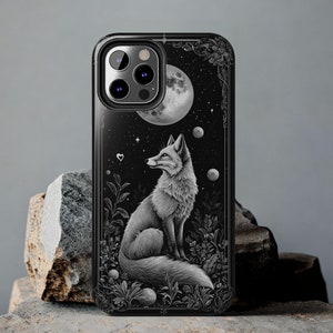 Funda de teléfono de zorro con diseño de luna llena, celestial, ocultismo, art déco, flores silvestres, zorros, animales del bosque, regalo para iPhone 12, 13, 14, 15 y 16. Carcasa resistente.