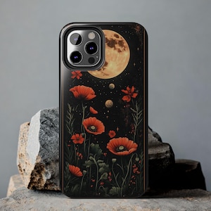 Custodia per telefono Papaveri Fiori di papavero Fiori selvatici Luna piena Celeste Botanico Artdeco Regalo Custodia per iPhone 13 14 15 16 Custodie per telefono resistenti