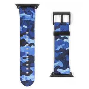 May include: Two-piece watch strap set with a blue camouflage pattern. The straps are in shades of blue and black. The watch strap has a black buckle and black connectors.