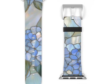 Stained Glass Blue Hydrangea Apple Watch Band Vegan Leather Vintage Flower Pattern Artful Trendy Aesthetic Gift Idea Floral Watch Band
