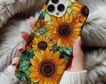 ひまわりのステンドグラスの携帯電話ケース ワイルドフラワーの花柄 芸術的な美的ヴィンテージフラワーケース ギフト iPhone 13 14 15 16 ケース 丈夫な携帯電話ケース