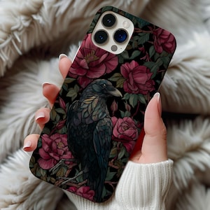 Stained Glass Black Crow Raven Phone Case Artful Witchy Goth Vintage Flowers Floral Goth Gift Samsung Iphone 13 14 15 16 Casing Tough Case