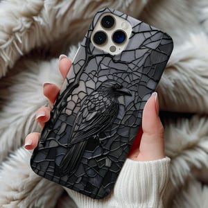 Black Crow Raven Stained Glass Phone Case Artful Aesthetic Moon Celestial Gothic Witchy Goth Gift Iphone 13 14 15 16 Casing Tough Phonecase