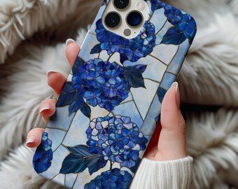 Blue Hydrangea Stained Glass Phone Case Wildflower Floral Artful Aesthetic Vintage Case Gift Iphone 13 14 15 16 Casing Tough Phone Cases