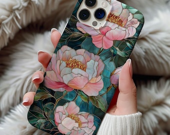 Peony Flower Stained Glass Phone Case Pink Wildflower Floral Artful Vintage Case Gift Iphone 13 14 15 16 17 Pro Casing Tough Phone Cases