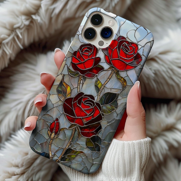 Red Roses Stained Glass Phone Case Wildflower Floral Artful Vintage Rose Case Gift Iphone 12 13 14 15 16 Casing Tough Phone Cases