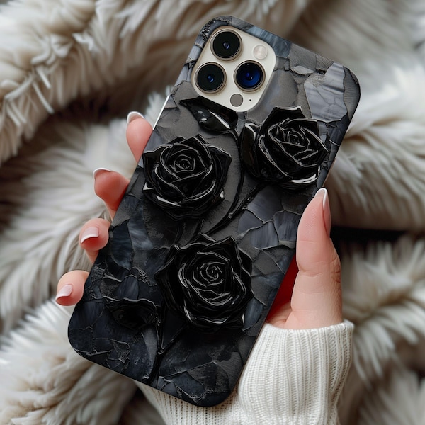 Black Roses Stained Glass Wildflower Phone Case Art Deco Flower Floral Artful Trendy Goth Gothic Case Iphone 13 14 15 16 17 Pro Tough Cases